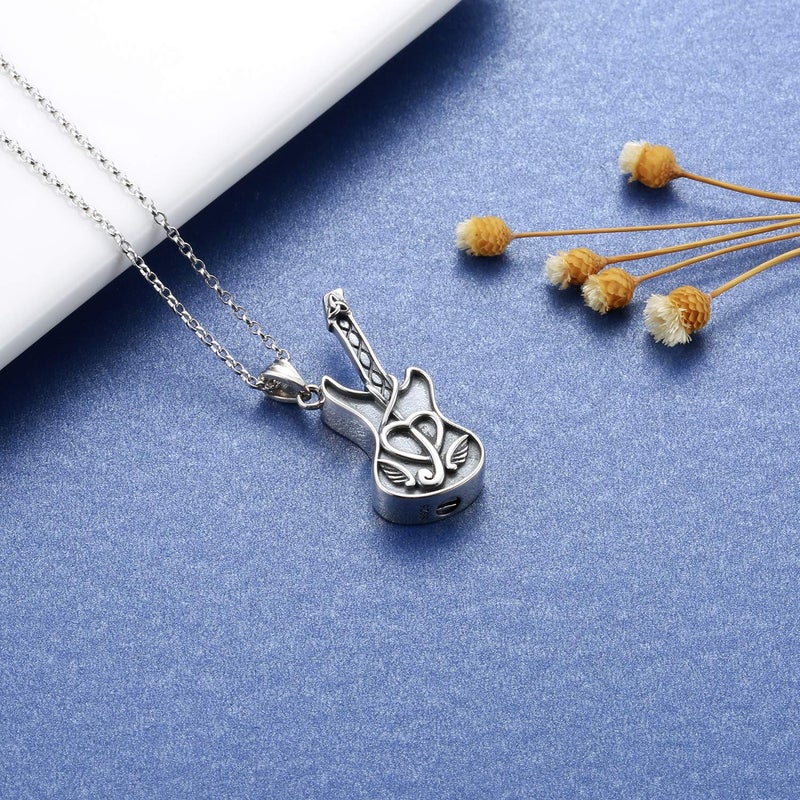 MANBU 925 Sterling Silver Guitar Cremation Jewelry for Ash - Guitar Locket Urn Necklace Musical Memorial Pendant Bereavement Keepsake Gift for Loss of Guitarist or Music Lover (guitar Urn holds ashes) - Image 4